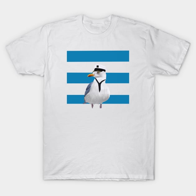 Captain Seagull on Blue Stripes T-Shirt by Suneldesigns